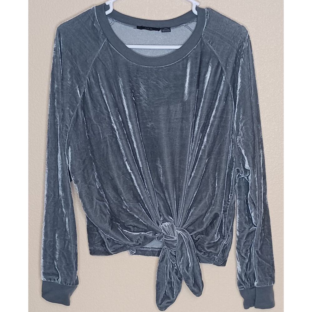 Womens Gray Stretch Velour Long Sleeve Knot Front Top Size S